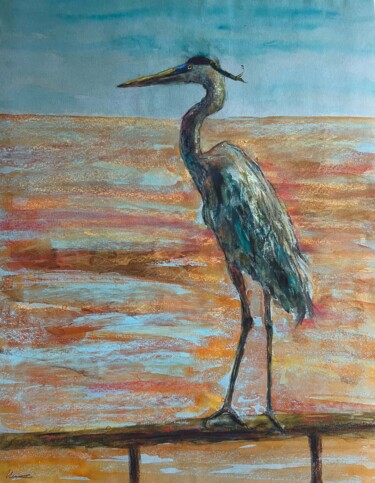 Painting titled "HERON- orange color…" by Tatsiana Ilyina, Original Artwork, Watercolor