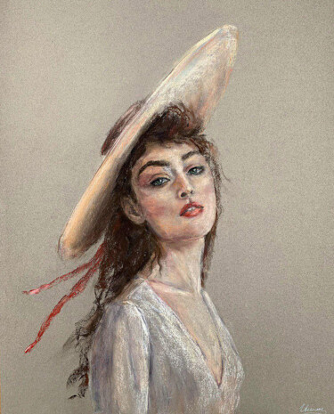 Painting titled "LADY WITH A HAT- po…" by Tatsiana Ilyina, Original Artwork, Pastel