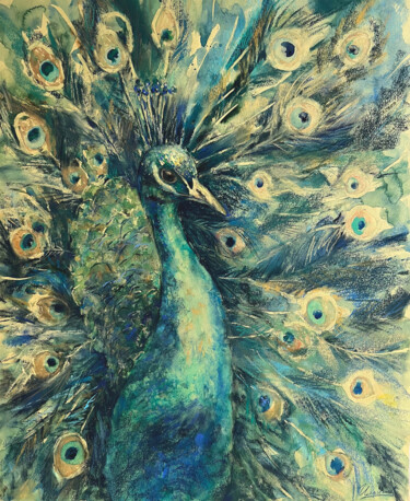 Pintura titulada "PEACOCK- bird, emer…" por Tatsiana Ilyina, Obra de arte original, Pastel