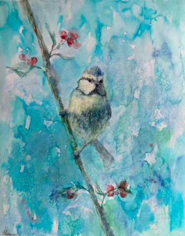 Malerei mit dem Titel "SPRING BIRD- titmou…" von Tatsiana Ilyina, Original-Kunstwerk, Aquarell