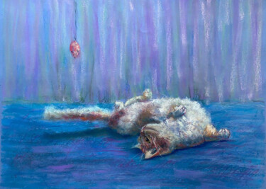 「FLUFFY CAT- blue ro…」というタイトルの絵画 Tatsiana Ilyinaによって, オリジナルのアートワーク, パステル