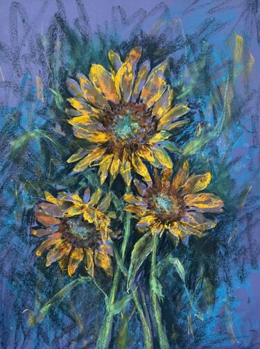 Desenho intitulada "BLUE SUNFLOWERS-  v…" por Tatsiana Ilyina, Obras de arte originais, Pastel