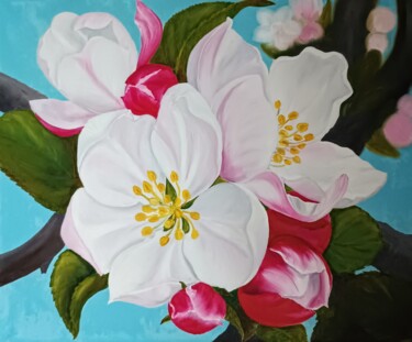 Painting titled "Apple tree flowers…" by Tatsiana Skrabutan, Original Artwork, Oil