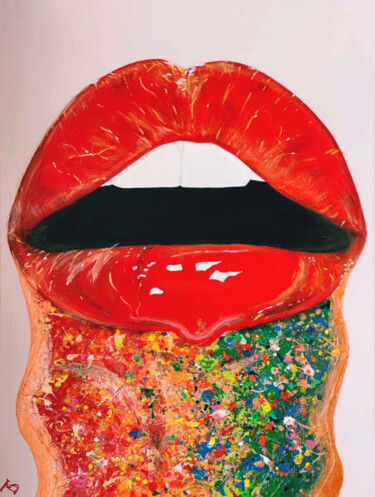 Painting titled "Red Lips" by Taty Sha, Original Artwork, Acrylic Mounted on Wood Stretcher frame