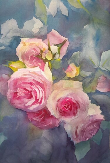 Painting titled "Roses - elves' frie…" by Tatyana Divakova, Original Artwork, Watercolor