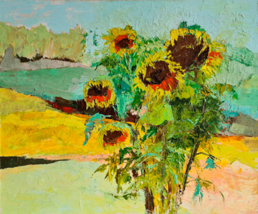 Картина под названием "Sunflowers in the f…" - Татьяна Ермольчик, Подлинное произведение искусства, Масло Установлен на Дере…