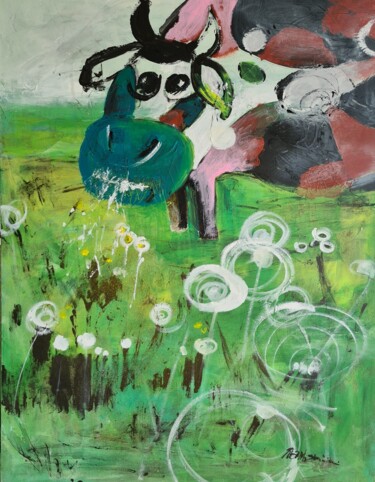 Painting titled "Hello cow!" by Tatyana Ermolchik, Original Artwork, Acrylic Mounted on Wood Stretcher frame