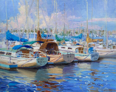 Pintura intitulada "Harbor Boats Reflec…" por Tatyana Fogarty, Obras de arte originais, Óleo Montado em Outro painel rígido