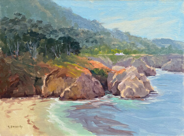 Schilderij getiteld "Gibson Beach Morning" door Tatyana Fogarty, Origineel Kunstwerk, Olie Gemonteerd op Andere stijve panel…