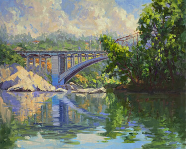 Pintura intitulada "Rainbow Bridge Refl…" por Tatyana Fogarty, Obras de arte originais, Óleo Montado em Outro painel rígido