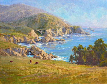 Painting titled "Coastal Pasture" by Tatyana Fogarty, Original Artwork, Oil Mounted on Other rigid panel