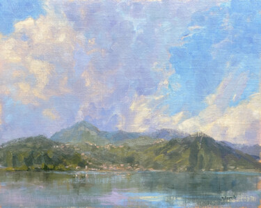 Painting titled "Lake Como View" by Tatyana Fogarty, Original Artwork, Oil Mounted on Other rigid panel