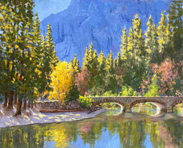 Painting titled "Bridge Over Merced…" by Tatyana Fogarty, Original Artwork, Oil Mounted on Other rigid panel