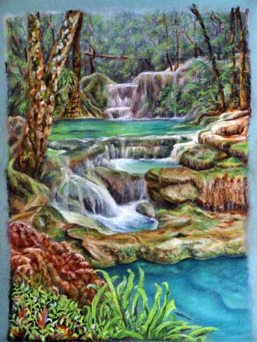 Картина под названием "Водопад в лесу" - Граф Татьяна, Подлинное произведение искусства, Масло