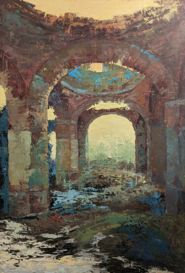 Painting titled "Old New Cathedral" by Tatyana Ivolga, Original Artwork, Oil Mounted on Wood Stretcher frame