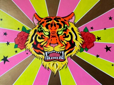 Pittura intitolato "Angry Neon Tiger" da Tatyana Karabanova (Bogdanova), Opera d'arte originale, Acrilico Montato su Telaio…