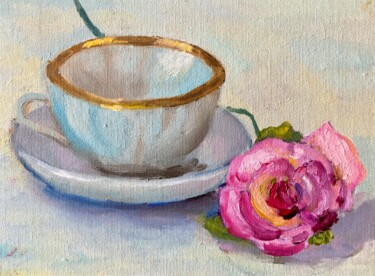 Pittura intitolato "Tea cup and rose pa…" da Tatyana Kurkova, Opera d'arte originale, Olio