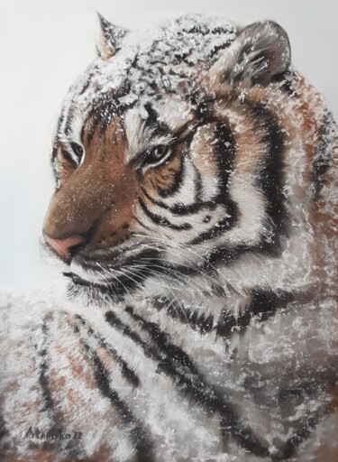 Drawing titled "Tiger in the snow" by Tatyana Lukanenko, Original Artwork, Pastel