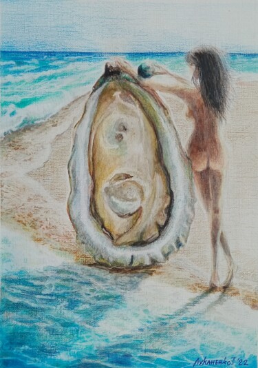 Malerei mit dem Titel "La mer/ la mère" von Tatyana Lukanenko, Original-Kunstwerk, Conté-Buntstifte