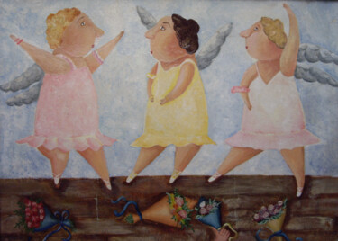 Schilderij getiteld "Three angels" door Tatyana Mariya Feina, Origineel Kunstwerk, Olie Gemonteerd op Frame voor houten bran…