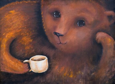 Картина под названием "Чай с медведем" - Татьяна Феина, Подлинное произведение искусства, Масло Установлен на Деревянная рам…