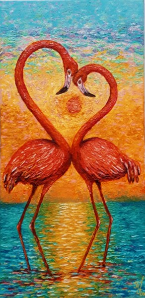 Painting titled "Flamingos in love" by Tatyana Orlovetskaya, Original Artwork, Oil Mounted on Wood Stretcher frame