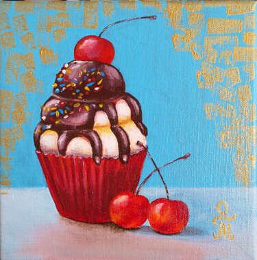 Malerei mit dem Titel "Cupcake with cherry" von Tatyana Orlovetskaya, Original-Kunstwerk, Öl Auf Keilrahmen aus Holz montiert