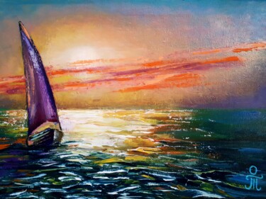 Картина под названием "Sailboat sunset sea" - Tatyana Orlovetskaya, Подлинное произведение искусства, Масло Установлен на Де…