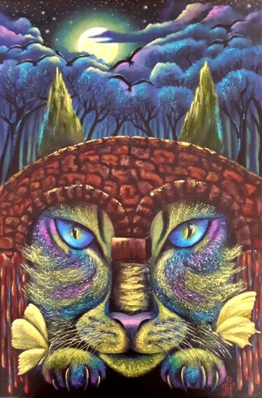 Pintura intitulada "Mystical Cat" por Tatyana Orlovetskaya, Obras de arte originais, Óleo Montado em Armação em madeira