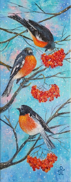 Painting titled "Bullfinches" by Tatyana Orlovetskaya, Original Artwork, Oil Mounted on Wood Stretcher frame