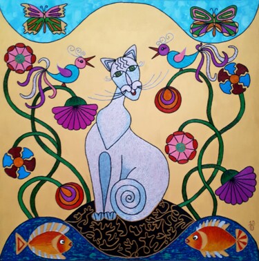 Pintura intitulada "The Cat That Sings" por Tatyana Orlovetskaya, Obras de arte originais, Óleo Montado em Armação em madeira