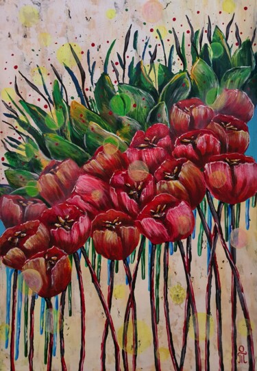 Painting titled "Red tulips" by Tatyana Orlovetskaya, Original Artwork, Acrylic Mounted on Wood Stretcher frame