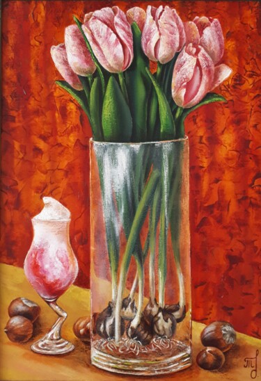 Painting titled "Pink tulips" by Tatyana Orlovetskaya, Original Artwork, Oil Mounted on Wood Stretcher frame