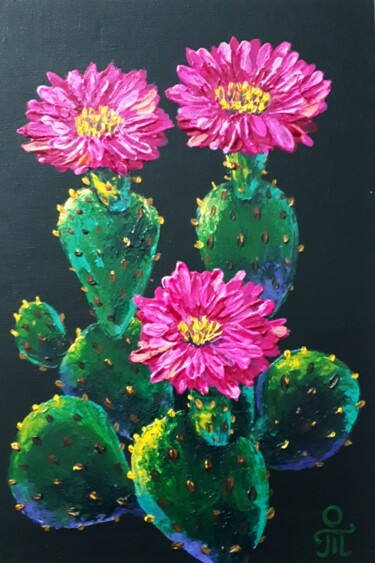 Painting titled "Blooming cactus" by Tatyana Orlovetskaya, Original Artwork, Acrylic Mounted on Cardboard