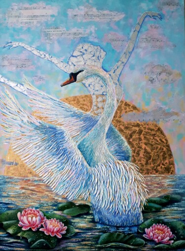 Painting titled "Swan Lake" by Tatyana Orlovetskaya, Original Artwork, Oil Mounted on Wood Stretcher frame
