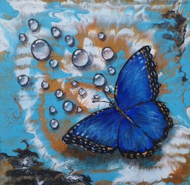 Painting titled "Blue Butterfly" by Tatyana Orlovetskaya, Original Artwork, Oil Mounted on Wood Stretcher frame