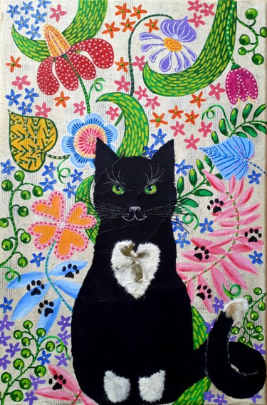 Collages intitulée "Collage de chat noir" par Tatyana Orlovetskaya, Œuvre d'art originale, Collages Monté sur Châssis en bois
