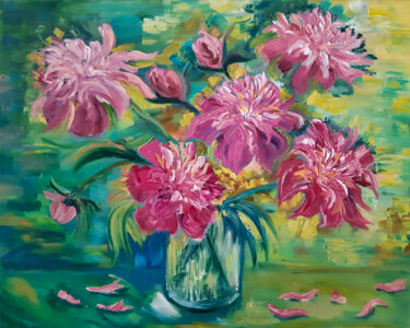 Painting titled "Peonies In a Vase" by Tatyana Pertsel, Original Artwork, Oil Mounted on Wood Stretcher frame