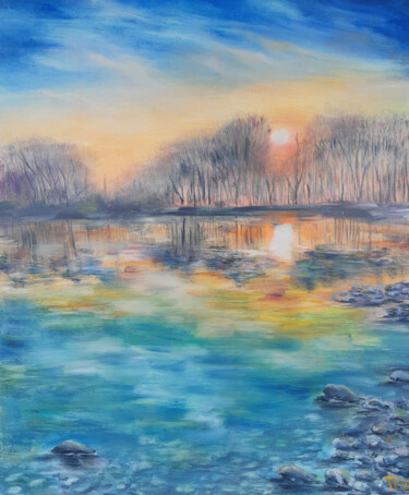 Painting titled "Sunset" by Tatyana Pertsel, Original Artwork, Oil Mounted on Wood Stretcher frame