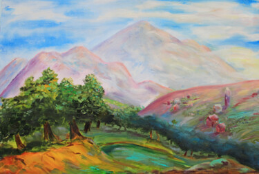 Painting titled "Mountain View" by Tatyana Pertsel, Original Artwork, Oil Mounted on Wood Stretcher frame