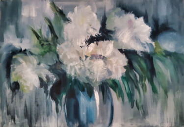Painting titled "Evening Peonies" by Tatyana Pertsel, Original Artwork, Oil Mounted on Wood Stretcher frame