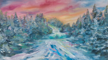 Painting titled "Winter Road" by Tatyana Pertsel, Original Artwork, Oil Mounted on Wood Stretcher frame