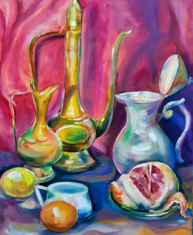 Painting titled "Still Life with Jugs" by Tatyana Pertsel, Original Artwork, Oil Mounted on Wood Stretcher frame