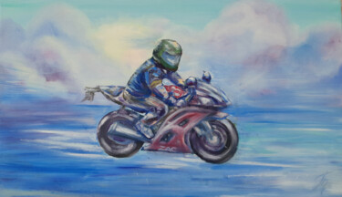 Schilderij getiteld "Biker" door Tatyana Pertsel, Origineel Kunstwerk, Olie Gemonteerd op Frame voor houten brancard