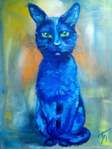 Painting titled "Cat" by Tatyana Pertsel, Original Artwork, Oil Mounted on Wood Stretcher frame