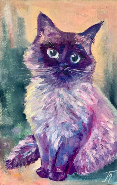 Painting titled "Fluffy Cat" by Tatyana Pertsel, Original Artwork, Oil Mounted on Wood Stretcher frame