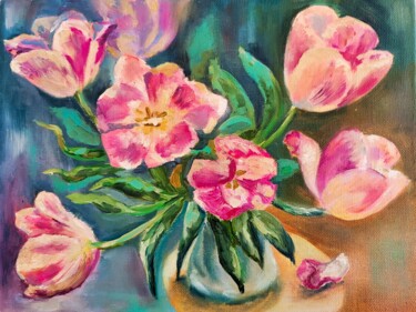 Painting titled "Tulips" by Tatyana Pertsel, Original Artwork, Oil Mounted on Wood Stretcher frame