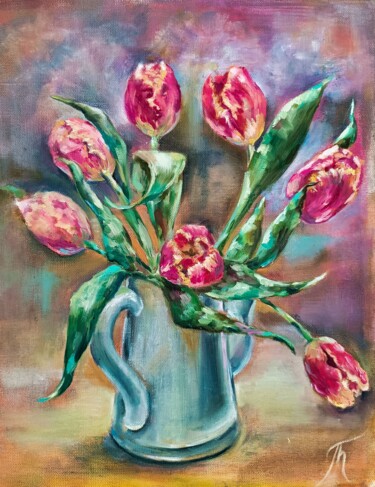 Painting titled "Spring. Tulips. Oil…" by Tatyana Pertsel, Original Artwork, Oil Mounted on Wood Stretcher frame