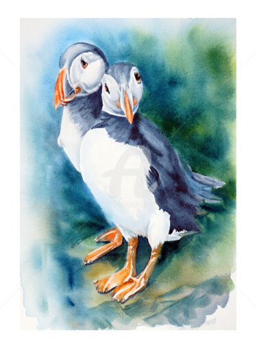 Картина под названием "забавные птицы" - Tatyana Pustovit, Подлинное произведение искусства, Акварель