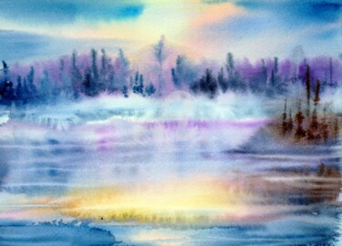 Картина под названием "Fog over the lake ,…" - Tatyana Pustovit, Подлинное произведение искусства, Акварель